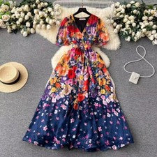Maxi Vestido de Verano Diseñador Pasarela Para Mujer Cuello en V Manga Corta Elegante s-xxl