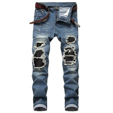 Pantalones de mezclilla ajustados informales ajustados de malla rasgada elásticos para hombre