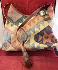 De Colección Marco Avane Tejido Kilim Alfombra Bolso de Mano Cartera con Asas de Cuero Boho Europa