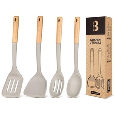 Juego de 4 utensilios de cocina de silicona caqui con mango de madera antiadherente cocina sin BPAFree