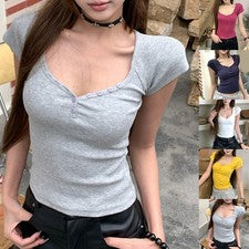 Camiseta mujer slim fit monocromática cuello en V manga corta ocio día a día moda