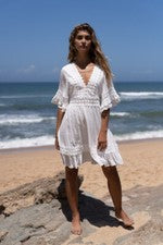 Vestido midi informal de lujo para mujer con cuello en V bordado y acampanado