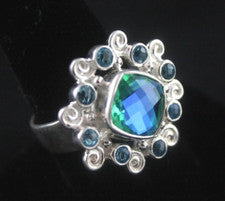Anillo de cuarzo Sajen topacio azul alrededor del Caribe plata de ley .925 ajustable