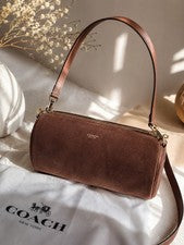 Bolso de Hombro Coach Marrón Gamuza Cilindro Cierre con Cremallera Correa Desmontable Bolsa para el Polvo