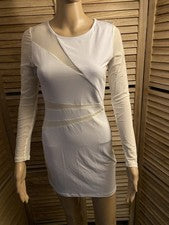 Lo último y Moderno Para Mujer Talla M Sexy Acrómico Blanco Manga Larga Malla Mini Vestido Nuevo con Etiquetas