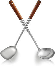 "Juego de espátula y cucharón de wok de 17"", herramientas de wok de acero inoxidable con mango de madera, calor-"