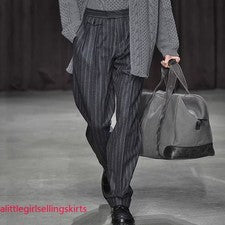 Pantalones de tweed retro para hombre pierna recta a rayas formales sueltos moda elegantes