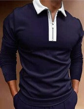 Polo Hombre Cremalera Moda Azul Marino Contraste Blanco Camiseta Manga Larga