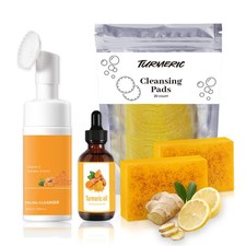 Kit de lavado y cuidado de cúrcuma juego de 4 piezas con lavado facial, cepillo, almohadillas, aceite, barras de jabón
