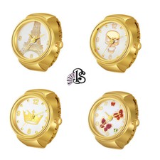 Reloj de cuarzo con anillo de dedo en tono dorado banda elástica redondo reloj analógico para hombre mujer