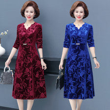 Vestido floral mujer terciopelo midi cuello en V elegante retro línea A cintura alta
