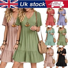 Damas Talla Grande Verano Cuello en V Vacaciones Vestidos Mujeres Manga Corta Solero Reino Unido