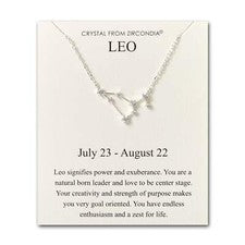 Collar y tarjeta de cotización de la constelación del zodiaco signo estelar Leo con cristal Zircondia®