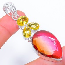 Turmalina bicolor, piedras preciosas de citrino 925 colgante de joyería de pl...