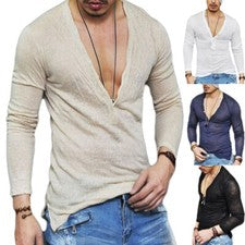 Moda Nuevo Para hombres Camisas Calce Ajustado Cuello en V Profundo Manga Larga Informal Camiseta Camiseta