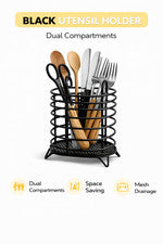 Soporte para utensilios negro organizador de cocina de metal doble compartimento estante para cubiertos malla