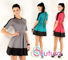 Mini vestido patinador para mujer cuello redondo manga corta túnica en capas con cremallera FA262