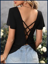 Sexy camiseta para mujer cuello en V manga corta entrecruzada espalda torcida lisa relajada.