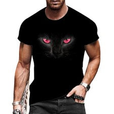 Hombres Moda Camiseta Manga Corta Negro Gato Ojos Rojos Streetwear Informal Camisa