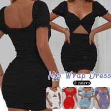 Sexy vestido envolvente de cadera para mujer de moda pliegues huecos manga abullonada manga corta