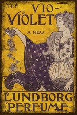 Publicidad vintage de perfume violeta Lundborg, imagen de aspecto envejecido en letrero de metal nuevo