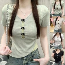 Moda Mujer Verano Cuello en V Camiseta con Lazo para Ocio y Vacaciones Estilo