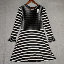Vestido Loft Para Mujer 6 Negro Blanco Rayas Elastizado Manga Larga Línea A Preppy Nuevo Con Etiquetas