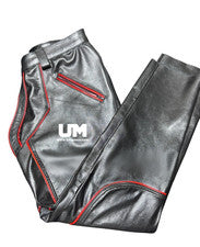 Pantalones de cuero negro para hombre con ribete rojo pantalones de cuero genuino elegante moda