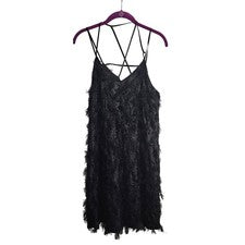 Mini Vestido Loveriche Negro Terciopelo Texturizado Correa Espagueti Para Mujer Talla S