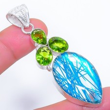 Cuarzo rutilo azul, piedra preciosa de peridoto 925 colgante de joyería de pl...