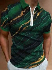 Polo Hombre Cremalera Verde Mármol Estampado Gráfico Golf Deporte Camiseta Moda