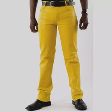 Pantalones estilo cuero amarillo 5 bolsillos de cuero de oveja real para hombre