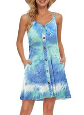 Vestido para mujer con correa de espagueti con botones cuello en V playa, azul verde, S