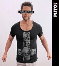 Camiseta Pistol Boutique Para Hombre Negra Cuello Redondo PECHO CALAVERA CRUZ