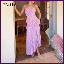 Moda Vestido Irregular Pliegues Para Mujer Cuello Halter Sin Mangas En Niveles Informal