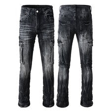 Nuevos Pantalones Pop Para Hombre Ropa de Trabajo Estilo Informal Bolsillo Lateral Hip Hop Negros Jeans 9314