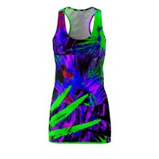 Vestido para mujer corte y costura espalda cruzada estampado futurista neón naturaleza tropical