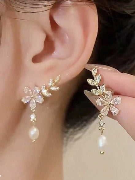 1 par de elegantes pendientes de gota con hojas y flores de perlas y rhinestones de lujo para señoras, regalo para San Valentín, mamá, madre, Día de la Madre