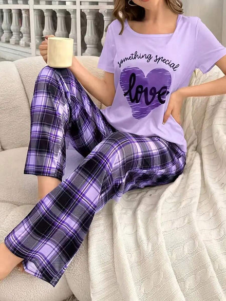 1 pieza/set Conjunto de pijama de manga corta con estampado morado para mujer, adecuado para exteriores, vacaciones, primavera y verano