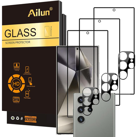 Ailun Protector de pantalla de vidrio para Galaxy S24 Ultra [6.8 pulgadas] Paquete de 3 + 3 lentes de cámara de vidrio templado, desbloqueo de huellas dactilares de 0.25 mm, ultra transparente,