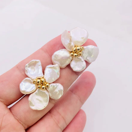 Aimgal Fashion Jewelry Gold Plated Stud Earrings Women Natural Fresh Water White Baroque Pearl Trendy Flower Grade Anniversaries
