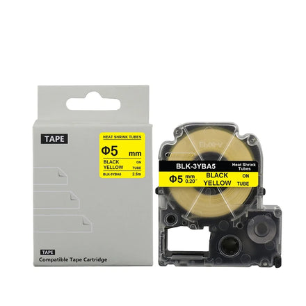 Tatrix LK-4YBA5 BLK-3YBA5/BU5Y Heat Shrink Tube Label Tape Black on Yellow Compatible for Epson & King Jim Label Printer