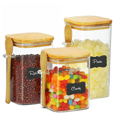 Modern Large Clear Kitchen Food Square Bamboo Lid Storage Spice Glass Container Jar Set With Spoons