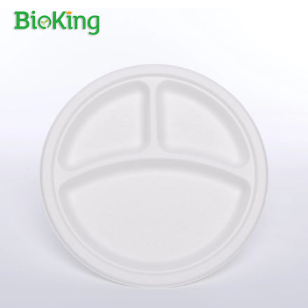 BioKing Biodegradable Compostable Disposable Round 3 Compartment Dishes Made From Sugarcane Bagasse Pulp