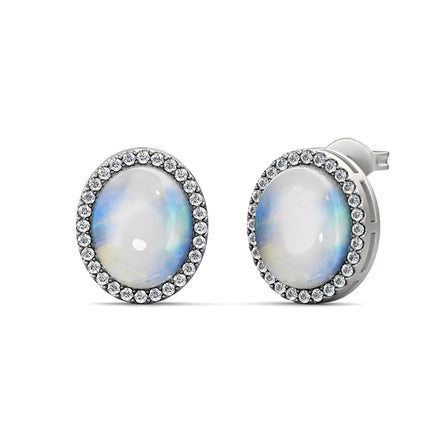 Retro Art Deco Jewelry Oval Shape Rainbow Moonstone Halo Stud Earrings for Women Destiny Jewellery