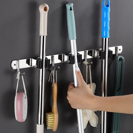 Household Flat Bathroom Organizer Hook Wall Mounted Stainless Steel Adhesive 4 Mop Broom Holder