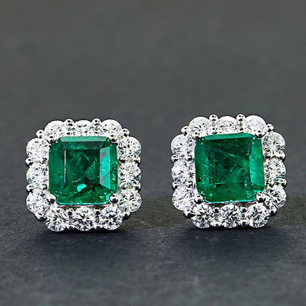 Luxury Female Emerald Green Square Zircon Sterling Silver Classic Stud Earrings for Wedding and Prom