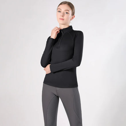 Black 1/4 Zipper Horse Riding Base Layer Women Nylon Quick Dry Horse Riding Shirts Long Sleeve Equestrian Base Layer