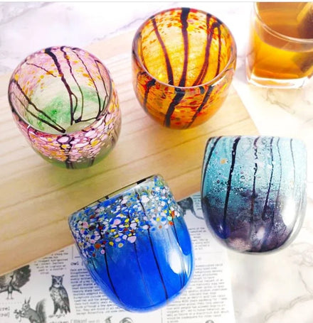 Colored Hand Blown Borosilicate Drinking Glasses 300ml Capacity Four Seasonal Pattern Folk Art Design Custom Logo Home Decor