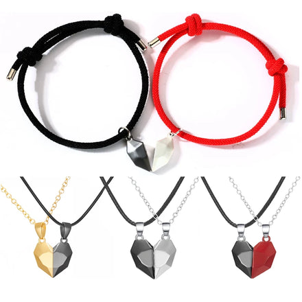 Valentine's Day Couples Gift Red Black Adjustable Milan Rope Charm Magnetic Half Heart Bracelet Jewelry for Lovers